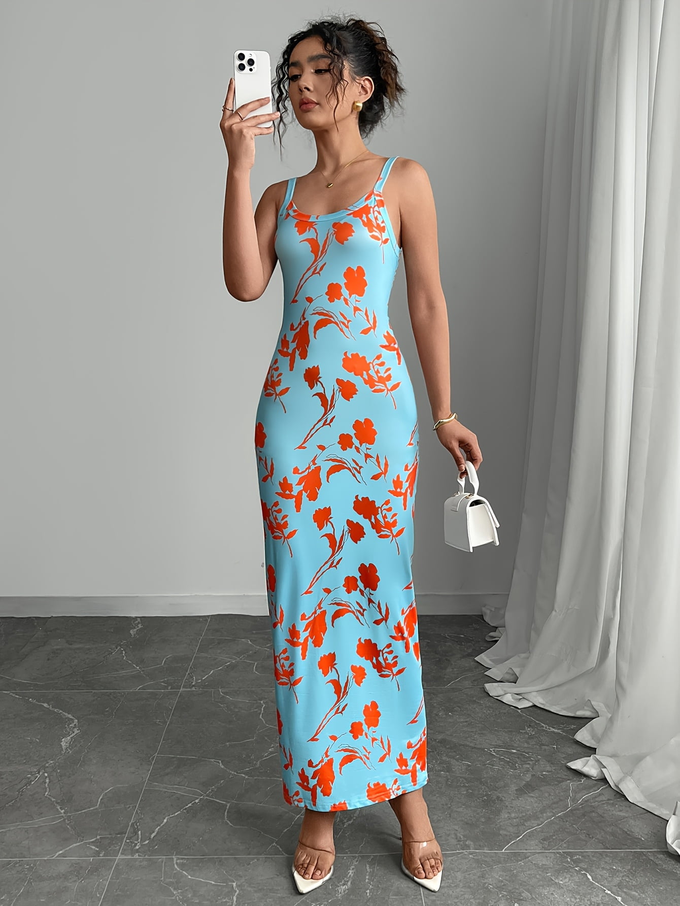 Women's Sleeveless Floral Print Maxi Dress,Bodycon with V-Neck, backless dress Casual Wear Spaghetti Strap Womenswear dress
