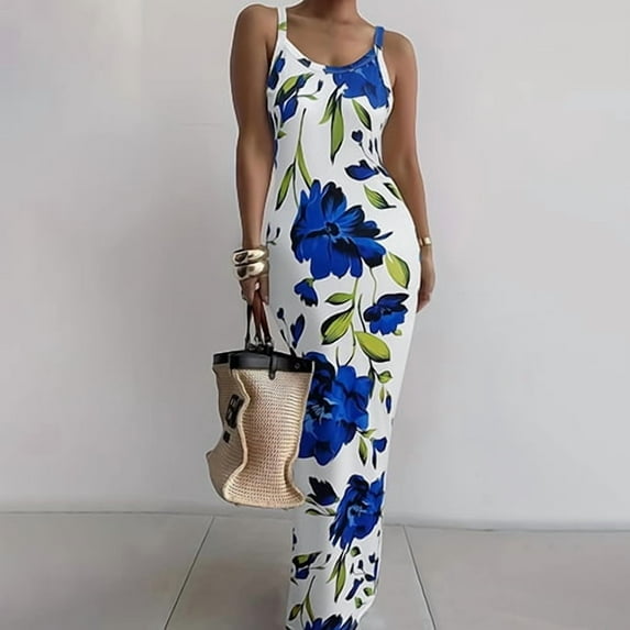 Women's Sleeveless Floral Print Maxi Dress,Bodycon with V-Neck, backless dress Casual Wear Spaghetti Strap Womenswear dress