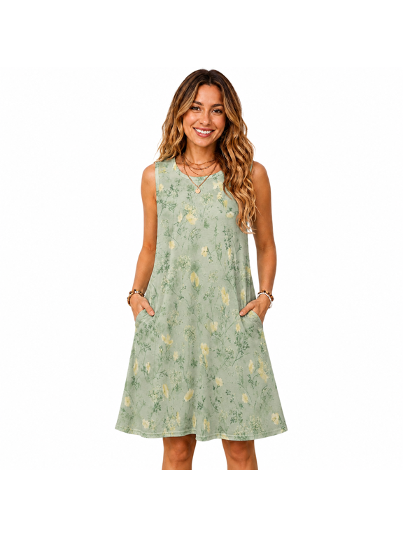 Women's Sleeveless Floral Print Swing Dress with Pockets Casual Summer A Line Dress