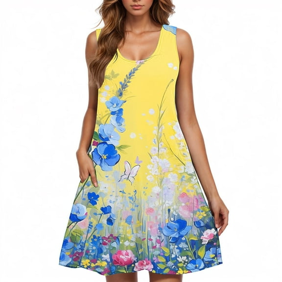 Women’s Sleeveless Floral Sundress Summer Casual Swing Dress Loose Fit Tank Dress Beach Vacation A Line Dresses