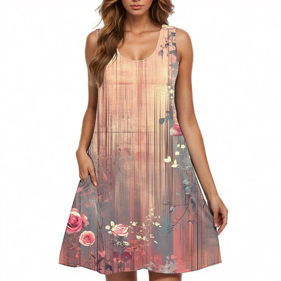 Women’s Sleeveless Floral Sundress Summer Casual Swing Dress Loose Fit Tank Dress Beach Vacation A Line Dresses