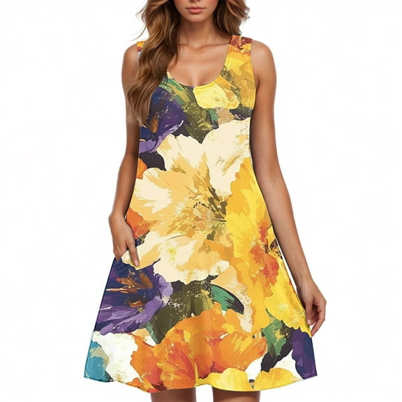 Women’s Sleeveless Floral Sundress Summer Casual Swing Dress Loose Fit Tank Dress Beach Vacation A Line Dresses