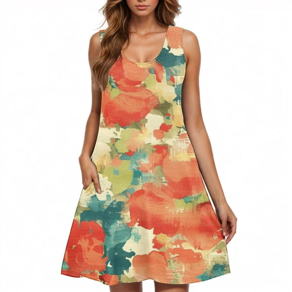Women’s Sleeveless Floral Sundress Summer Casual Swing Dress Loose Fit Tank Dress Beach Vacation A Line Dresses
