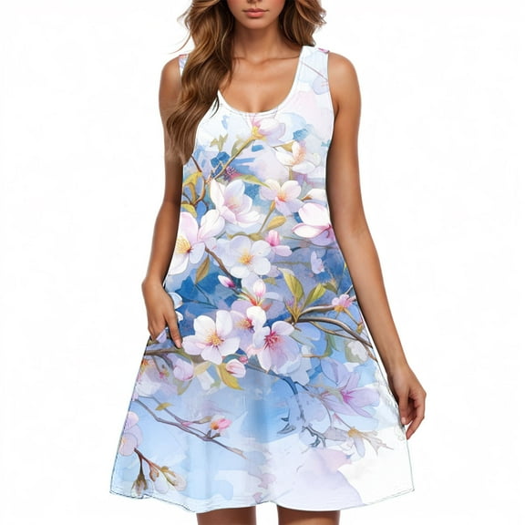 Women’s Sleeveless Floral Sundress Summer Casual Swing Dress Loose Fit Tank Dress Beach Vacation A Line Dresses