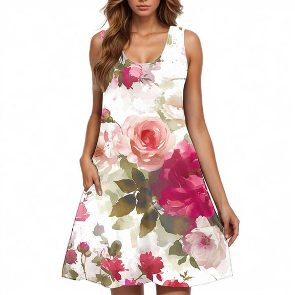 Women’s Sleeveless Floral Sundress Summer Casual Swing Dress Loose Fit Tank Dress Beach Vacation A Line Dresses