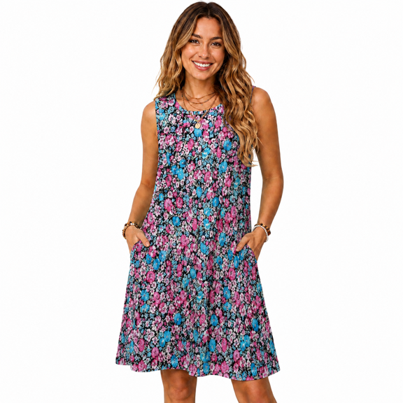 Women's Sleeveless Floral Swing Dress with Pockets