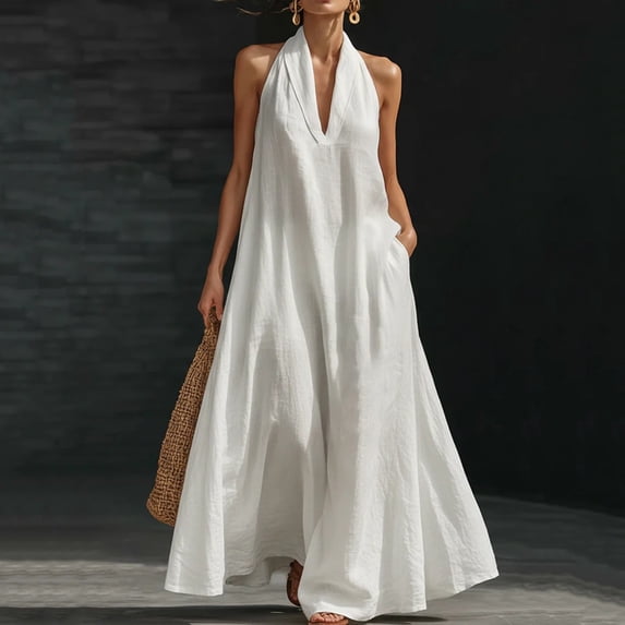 Women's Sleeveless Flowy A-Line Dress V-Neck Solid Color Casual Summer