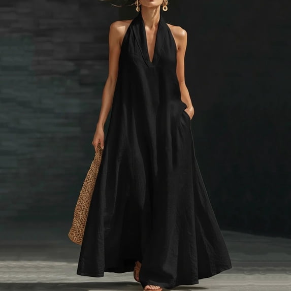 Women's Sleeveless Flowy A-Line Dress V-Neck Solid Color Casual Summer