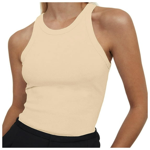 Women's Sleeveless Full Length Cotton Ribbed Fitted Racerback Crew High Neck Basic Tank Top(Size:L)