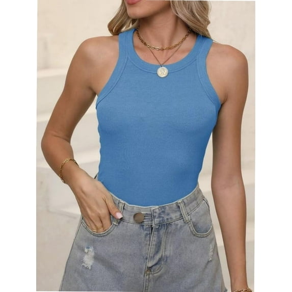 Women's Sleeveless Full Length Fitted Racerback Workout Crew Neck Basic Tank Top