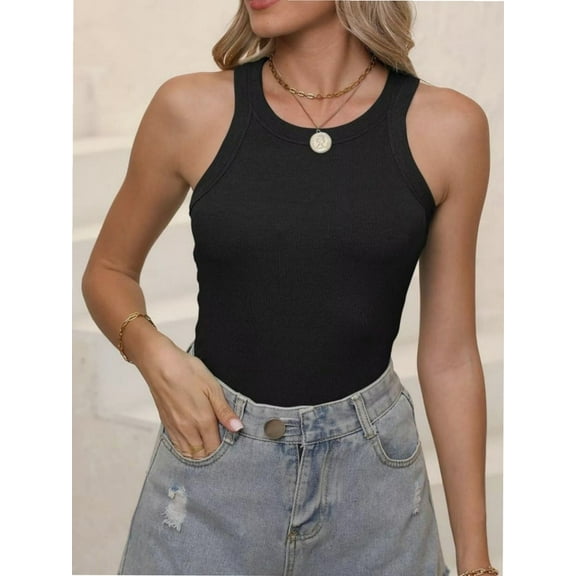 Women's Sleeveless Full Length Fitted Racerback Workout Crew Neck Basic Tank Top