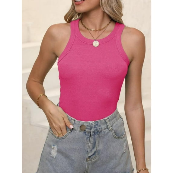 Women's Sleeveless Full Length Fitted Racerback Workout Crew Neck Basic Tank Top