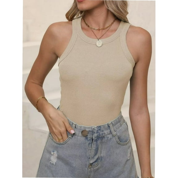 Women's Sleeveless Full Length Fitted Racerback Workout Crew Neck Basic Tank Top