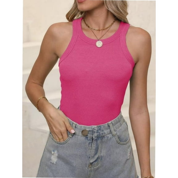 Women's Sleeveless Full Length Fitted Racerback Workout Crew Neck Basic Tank Top