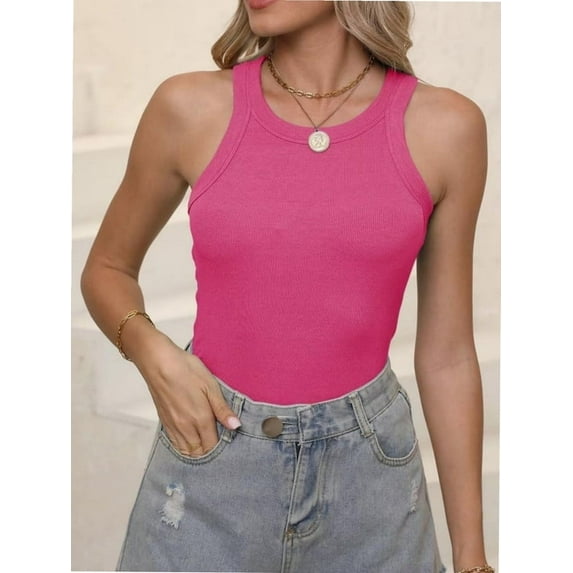 Women's Sleeveless Full Length Fitted Racerback Workout Crew Neck Basic Tank Top