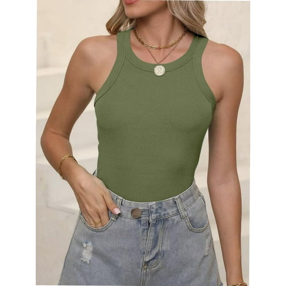 Women's Sleeveless Full Length Fitted Racerback Workout Crew Neck Basic Tank Top