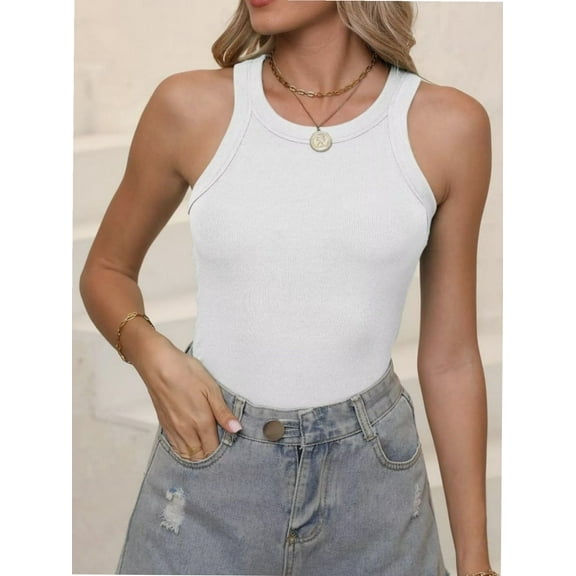 Women's Sleeveless Full Length Fitted Racerback Workout Crew Neck Basic Tank Top