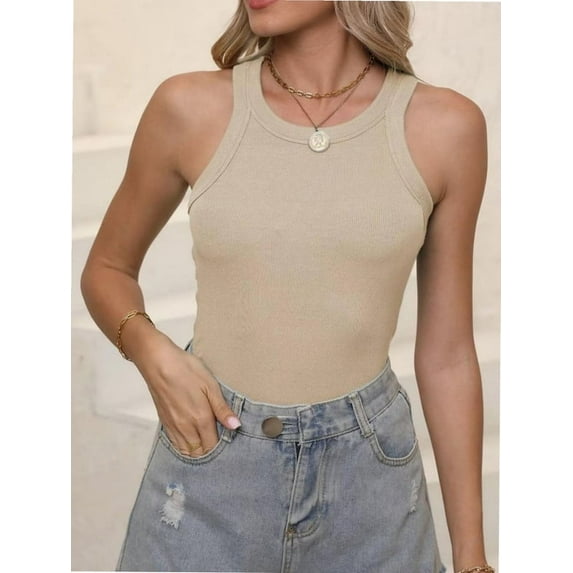 Women's Sleeveless Full Length Fitted Racerback Workout Crew Neck Basic Tank Top