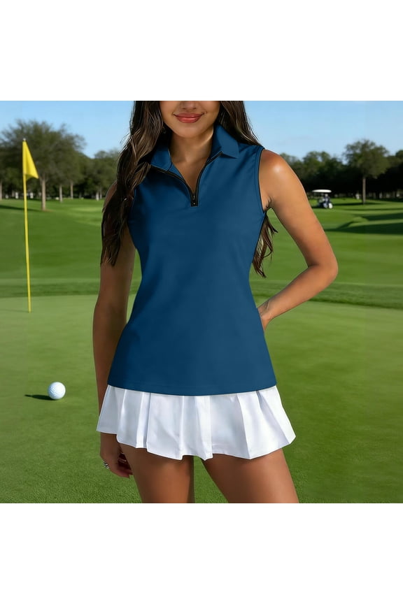 Women's Sleeveless Golf Polo Shirts Tennis Collared Solid Color Tank Tops Quick Dry Quarter Zip Lightweight Shirt, L