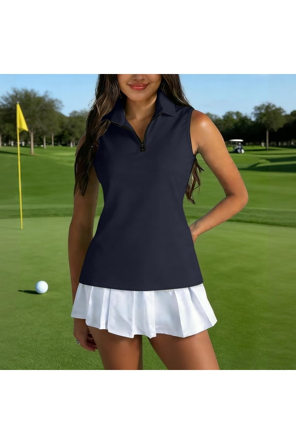 Women's Sleeveless Golf Polo Shirts Tennis Collared Solid Color Tank Tops Quick Dry Quarter Zip Lightweight Shirt, L