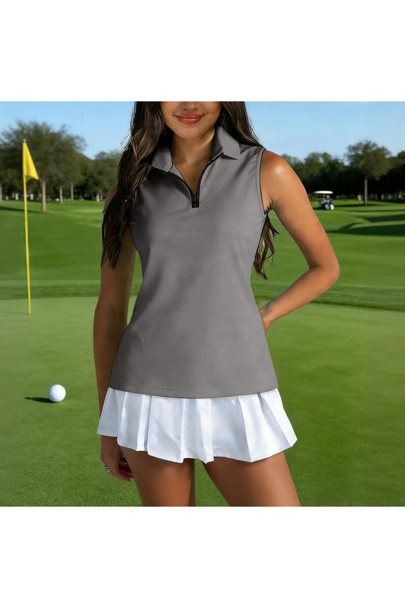 Women's Sleeveless Golf Polo Shirts Tennis Collared Solid Color Tank Tops Quick Dry Quarter Zip Lightweight Shirt, S