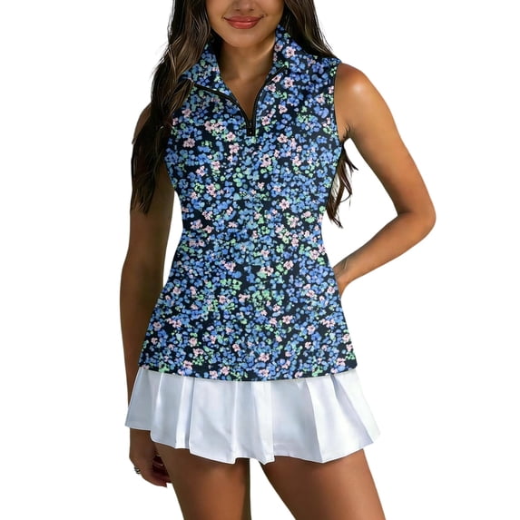 Women's Sleeveless Golf Shirt Collared Zip Up Collared Tank Top, Quick Dry Polyester for Tennis and Gym Blue M