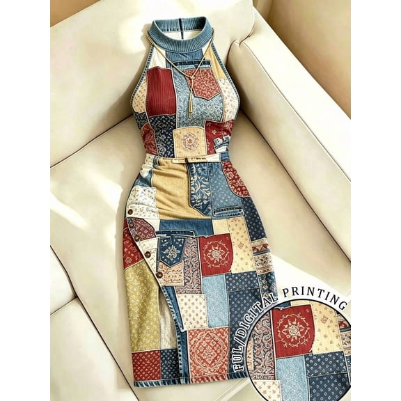 Women's Sleeveless Halter Bodycon Midi Dress High Slit Button Detail Casual Summer