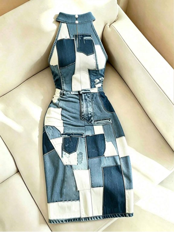 Women's Sleeveless Halter Bodycon Midi Dress High Slit Button Detail Casual Summer