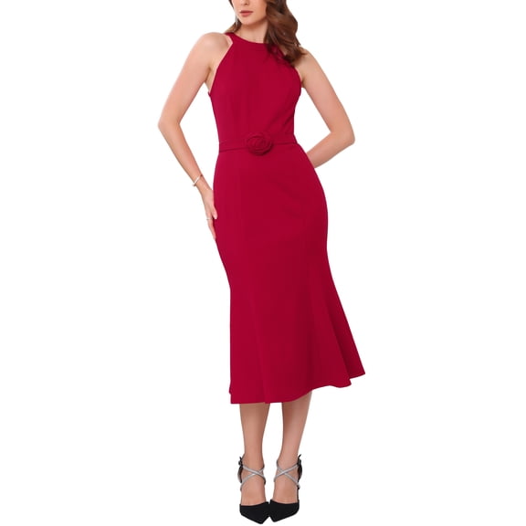 Women's Sleeveless Halter Dress Formal Cocktail Evening Fishtail Bodycon Dresses L Red
