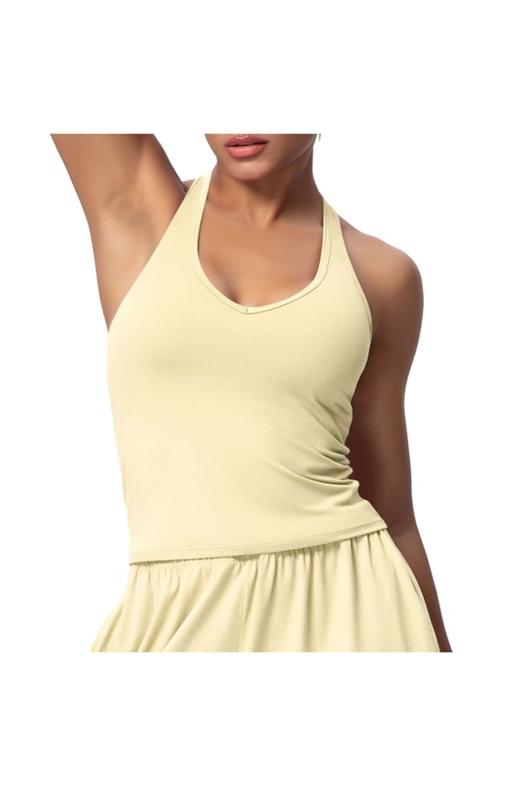 Women's Sleeveless Halter Tank Tops Athletic Workout Scoop Neck Ruched Yoga Shirts Backless Fitted Running Activewear Summer Casual Solid Quick Dry Basic Tops 2026