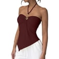 thumbnail image 1 of Women's Sleeveless Halter Tops 2026 Summer Ruched Ring Solid Tank Tops, Asymmetrical Handkerchief Hem Slim Fit Backless Going Out Blouse Party Clubwear Vacation Outfits, 1 of 6