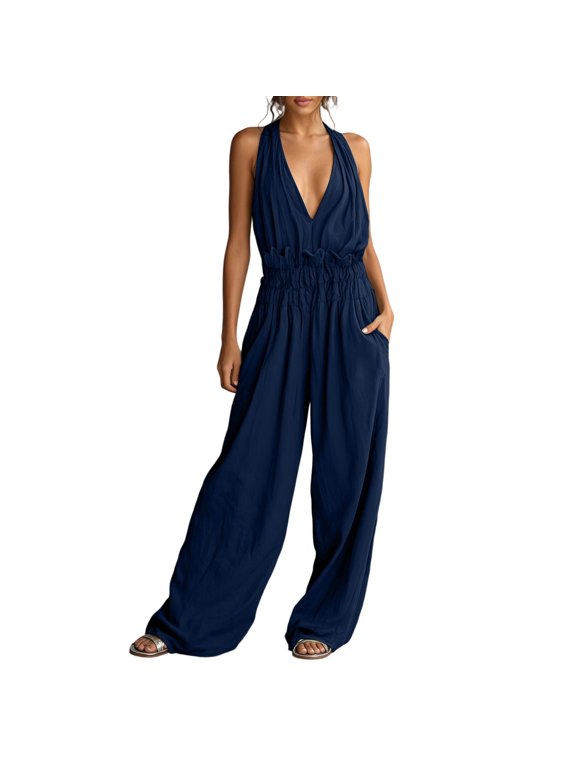 Women's Sleeveless Halter Wide Leg Jumpsuits Deep V Neck High Waist Flowy Romper with Pockets Casual Beach Travel Outfit Navy