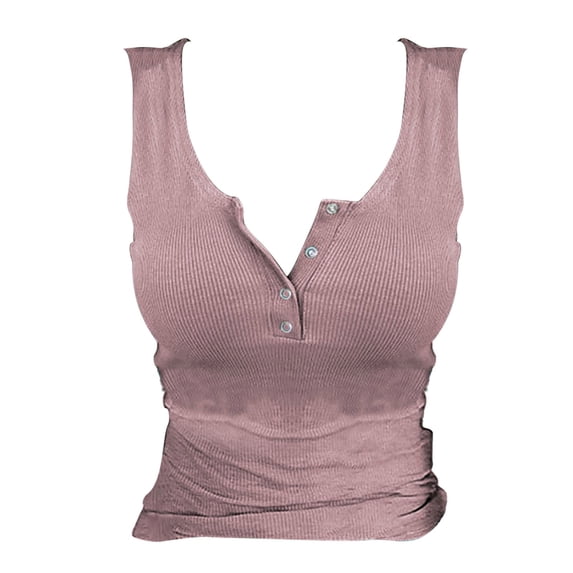Women's Sleeveless Henley Tank Tops Ribbed V Neck Button Down T Shirts Summer Slim Fit Tee Tops Fitted Casual Basic Tank Tops Trendy Soft Stretch Summer Sleeveless Basic Cami Top Pink L
