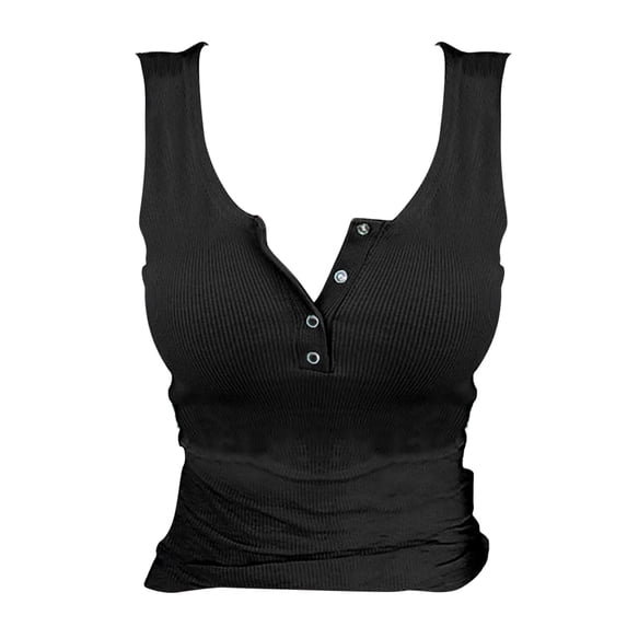 Women's Sleeveless Henley Tank Tops Ribbed V Neck Button Down T Shirts Summer Slim Fit Tee Tops Fitted Casual Basic Tank Tops Trendy Soft Stretch Summer Sleeveless Basic Cami Top Black Xxl