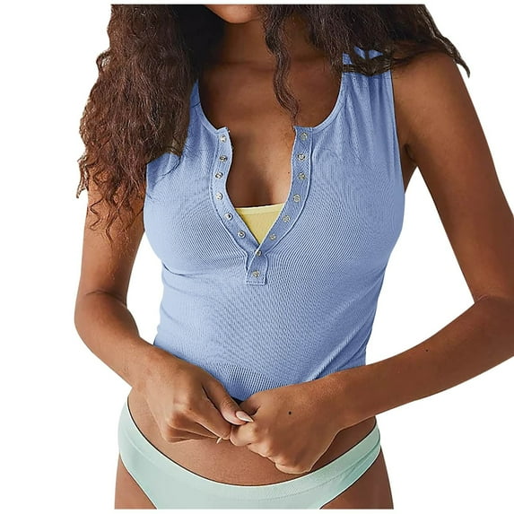 Women's Sleeveless Henley Tank Tops Ribbed V Neck Button Up T Shirts Summer Slim Fit Camisole Workout Tight Tee Tops