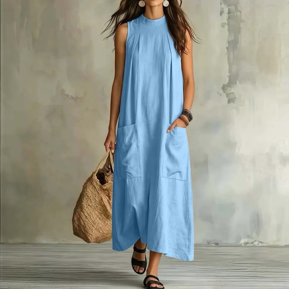 Women's Sleeveless High-Neck Loose Straight Dress with Pockets, Summer Casual Elegant Fit