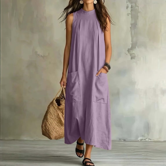 Women's Sleeveless High-Neck Loose Straight Dress with Pockets, Summer Casual Elegant Fit