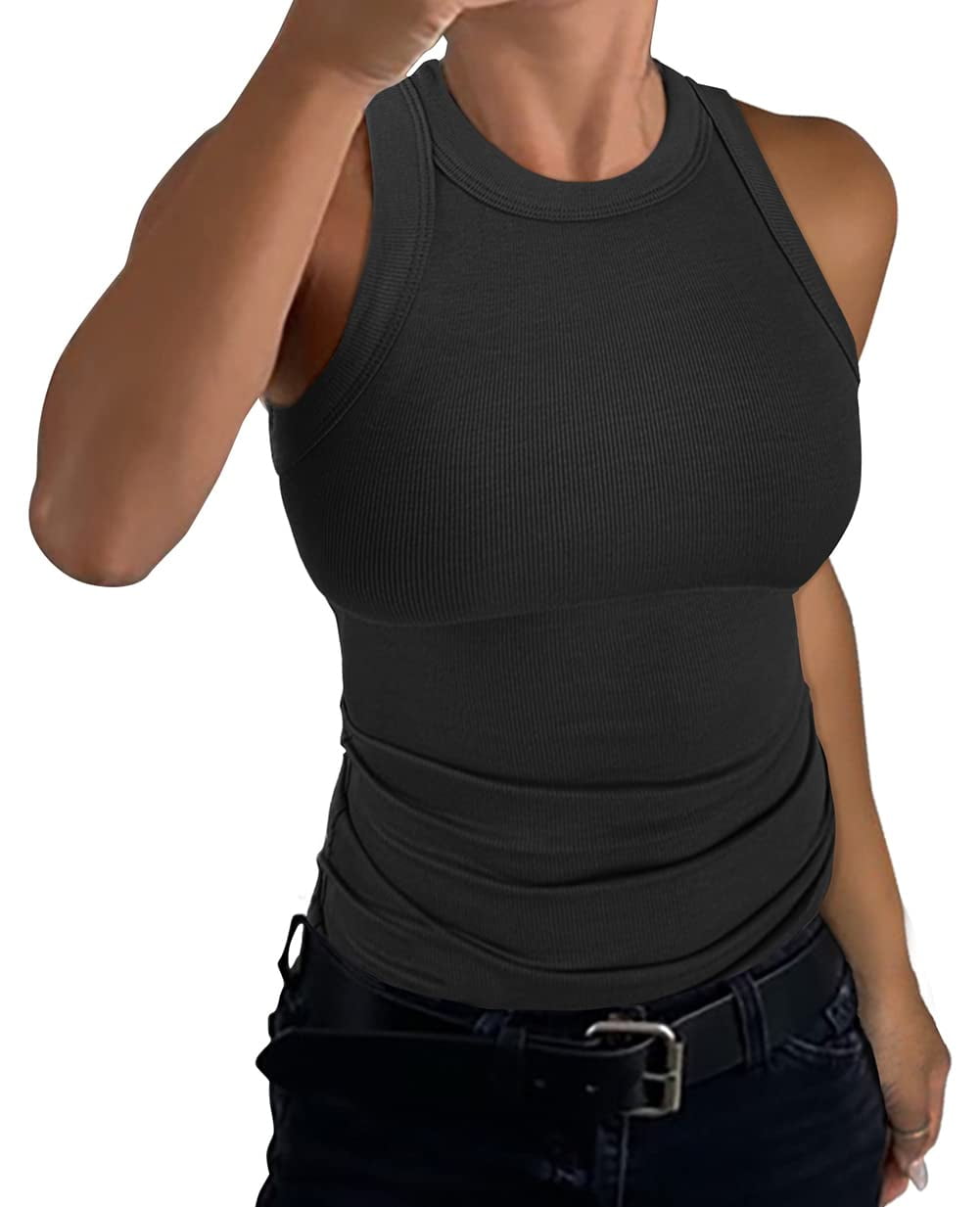 Women's Sleeveless High Neck Ribbed Tank Tops Fitted Basic Knit Shirts ...