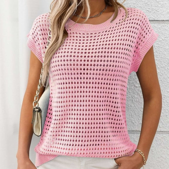 Women's Sleeveless Hollow Out Knit Sweater Cover Up Casual Solid Color Round Neck Top