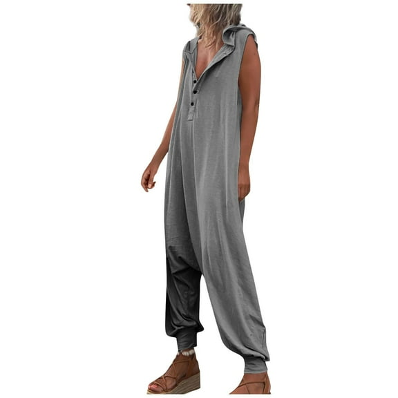 Women's Sleeveless Hooded Overalls - Adjustable Straps, Wide Leg, Pockets, Casual/Travel, Button Closure (S-XXXL)