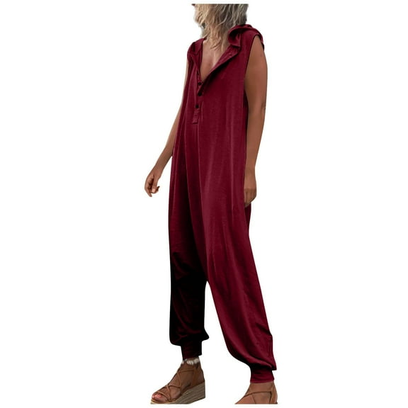 Women's Sleeveless Hooded Overalls - Adjustable Straps, Wide Leg, Pockets, Casual/Travel, Button Closure (S-XXXL)