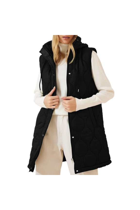 Women's Sleeveless Hooded Puffer Jacket Lightweight Quilted Coat Long Outerwear Winter Warm Zip Up Jackets Coats for Casual Daily Wear Streetwear Travel Fashion Essential