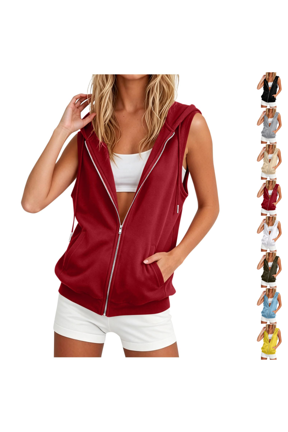Women's Sleeveless Hooded Zip Up Vest Jacket with Pockets Loose Fit Casual Lightweight Hoodie Tank Tops for Sports Red 2XL