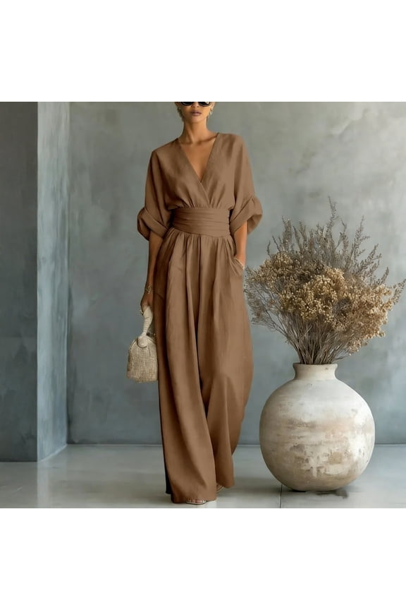 Women's Sleeveless Jumpsuit Elegant V-Neck Jumpsuit, Smocked Waist Wide Leg Romper Brown 2XL
