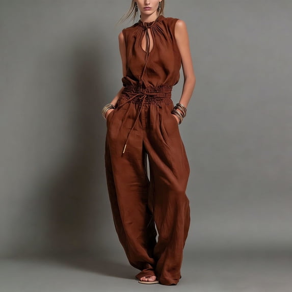 Women's Sleeveless Jumpsuit, Summer Solid Color With Round Neck & Zipper, Casual One-Piece For Minimalist Style Brown 2XL