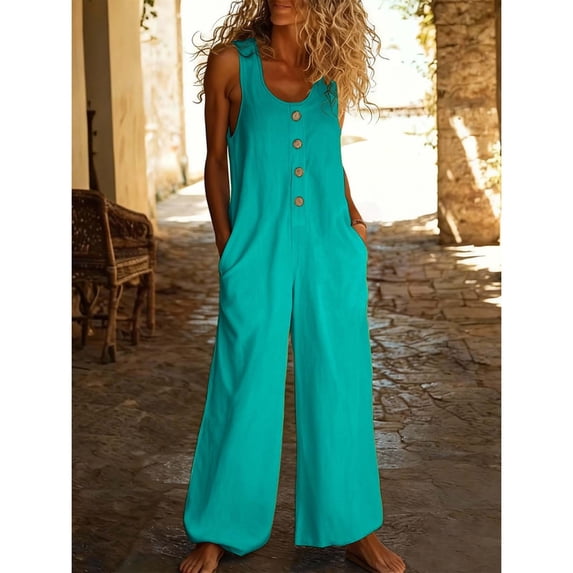 Women's Sleeveless Jumpsuit, U-Neck Straight Leg Romper with Side Pockets, Casual Summer One Piece Outfit for Beach Vacation and Daily Wear Blackish Green XL