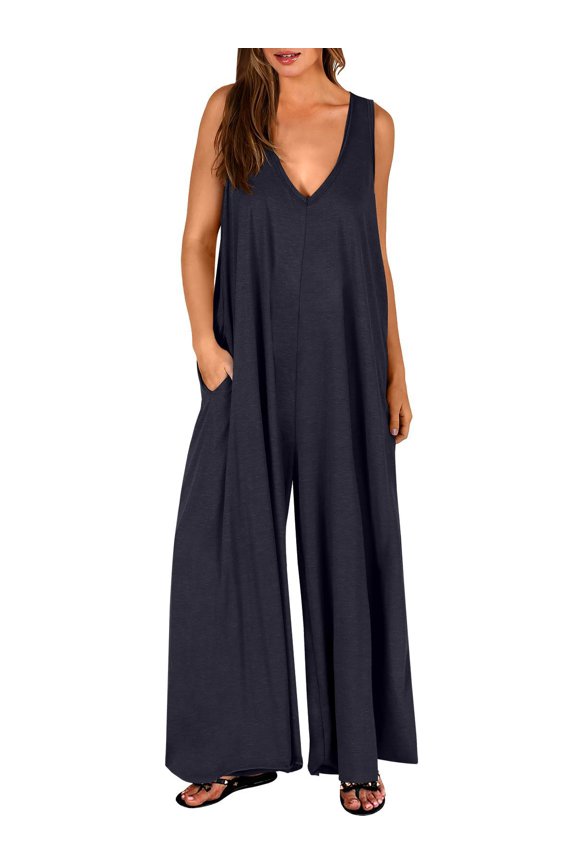Women‘s Sleeveless Jumpsuit with Pockets - Cow Milk Silk - like Fabric, Loose Waist Straight - Leg Long Jumpsuit for Commuting & Casual (S - 3XL)