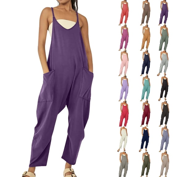 Women's Sleeveless Jumpsuit with V Neck and Spaghetti Straps Long Leg Overalls with Pockets for Casual Style