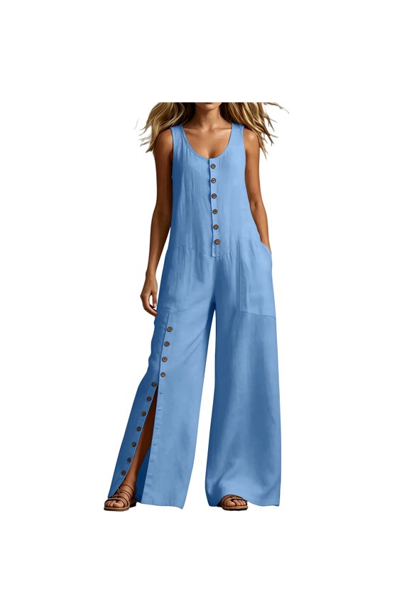 Women's Sleeveless Jumpsuits U Neck Button Down Wide Leg Overalls Side Split Button Detail Casual Beach Vacation Rompers with Pockets Black