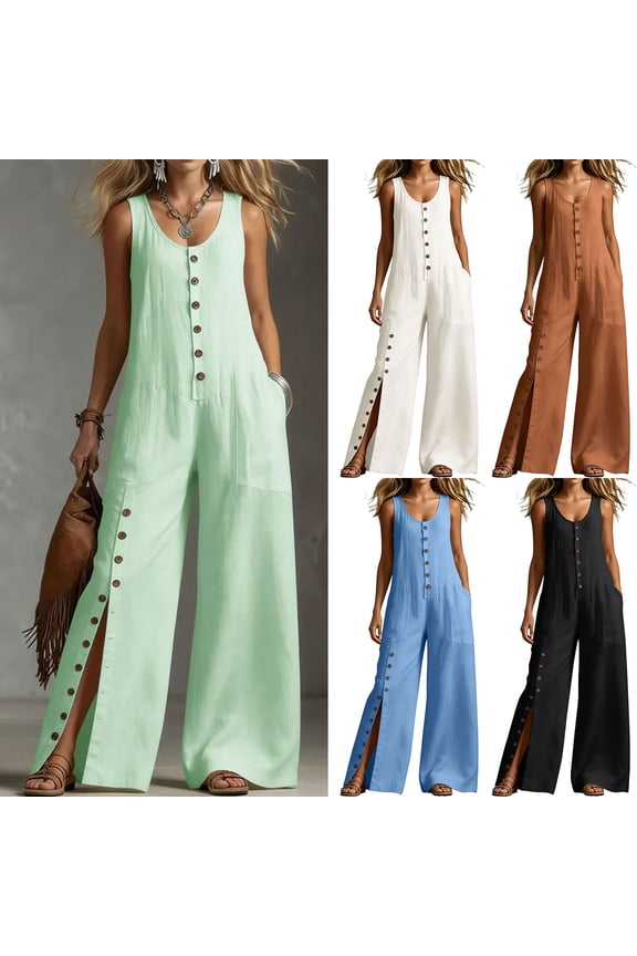Women's Sleeveless Jumpsuits U Neck Button Down Wide Leg Overalls Side Split Button Detail Casual Beach Vacation Rompers with Pockets White